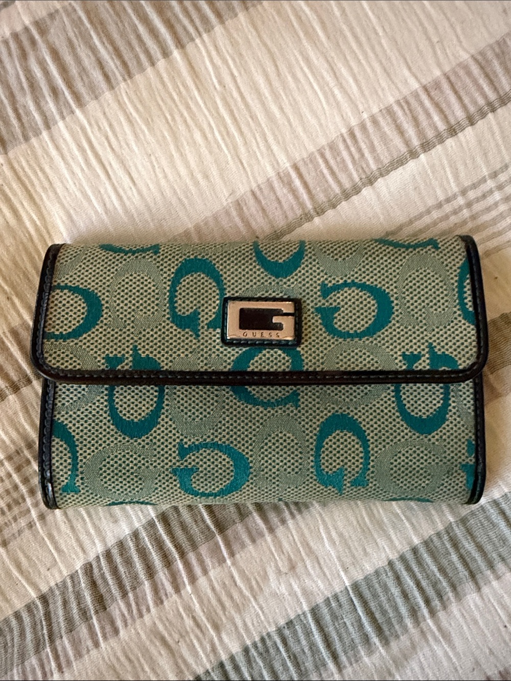 Guess Teal Logo Print Fold-Over Wallet
